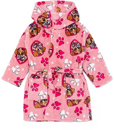 Paw Patrol Girls Hooded Bathrobe | Pink Skye the Rescue Pup All Over Print Dressing Gown For Kids | Cosy Fleece Loungewear Bathrobe | TV Series Nightwear Apparel Gift for Children