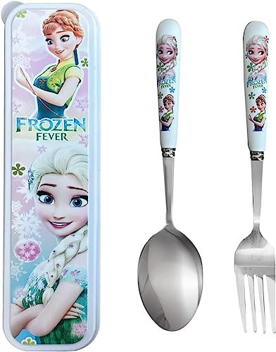 Frozen Set de Couverts en Inox, 1 x Fourchette, 1 x Cuillère et 1 x Boite Couverts pour Maison l'école Utilisation, Ensemble de Couverts Transportables, pour Déplacements