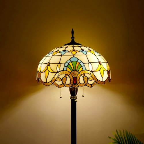 JGWSMQ Tiffany Floor Lamp 3-Lights Baroque Stained Glass Standing Reading Light, Antique Pole Corner Floor Lamp with Pull Chain Switch, E26 LED Bulbs Included, for Living Room Bedroom Home Office