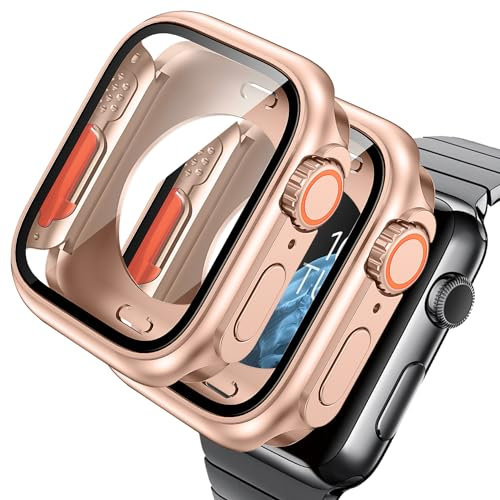 AOKUTDA 2 Piezas Case Dura Compatible con Apple Watch 9/8/7 45mm（Parece Ultra y Ultra 2） 360°Protector Apple Watch 9 45mm Anti Raspado 9H Vidrio de Alta Definición Carcasa+Tapa Trasera,Titanio oro