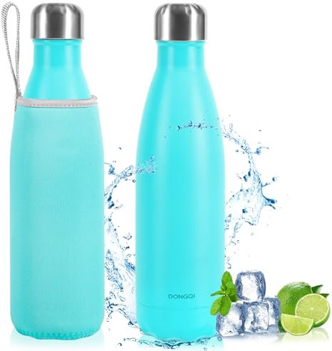 Gourde Isotherme 500ml, Gourde Isotherme Réutilisable en Acier INOX,Gourde isotherme étanche sans BPA, Double Paroi Isolée sous Vide, Maintien Chaud de 12 Heures & du Froid Jusqu’à 24 Heures (Bleu)