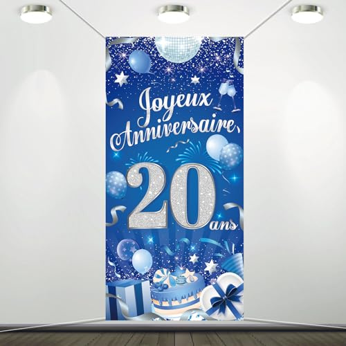 DPKOW Blaues Silber Happy Birthday 20 Jahre Türbanner für Männer 20 Jahre Geburtstagsdekoration Silberblau, 20 Jahre Geburtstagsdekoration Garten Tisch Wanddekoration, 185 x 90cm