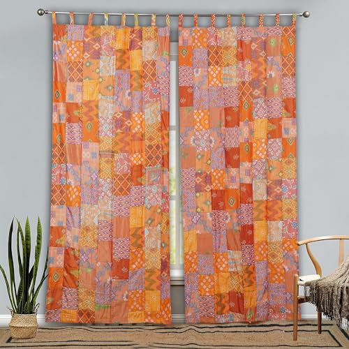 Sophia-Art Home Decor Handmade Vintage Old Silk Blend Patola Sari 2 Pcs Curtain Panel Set, Indian Patchwork Door and Window Drapes with Rod Pocket (Orange Patch, 213 x 106 cms Each Panel)