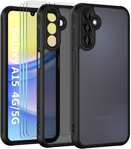 Yohii Opaca Cover per Samsung Galaxy A15 4G/5G e Protezione Fotocamera con 3 Pezzi Vetro Temperato, [Antiurto di Grado Militare] Custodia Traslucida Posteriore Ultra Sottile Protettiva Case, Nero