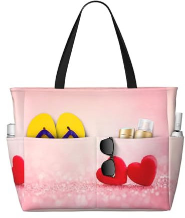 KIROJA Große Strandtasche mit Eiffelturm-Rosen-Motiv, sanddicht, Reißverschluss, für Reisen, Urlaub, Fitnessstudio, Rotes Herz, rosa Glitzer, Einheitsgröße
