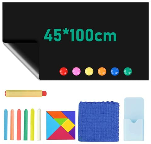 Tafelfolie Magnetisch Selbstklebend, 45x100cm Tafelfolie Selbstklebend, mit Kreide, Lappen, Magnetknöpfen, Puzzlen, Abwischbar Kreidefolie für Haus Büro Schule (Schwarz )