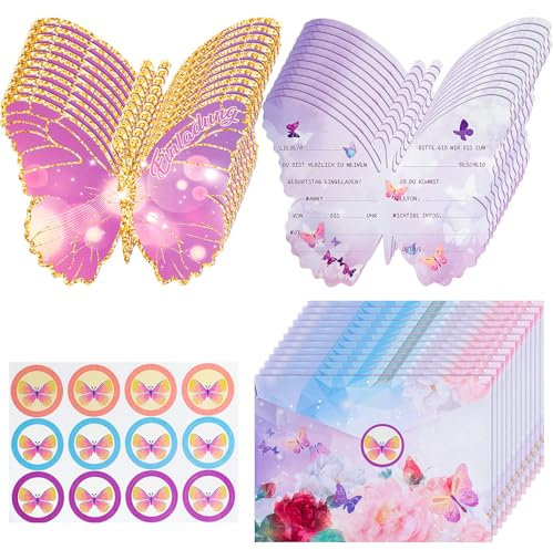 GOTFUN 12 Stück Einladungskarten Kindergeburtstag Mädchen junge Schmetterling Party Einladung Karte, Geburtstagseinladungen Mädchen mit 12 Briefumschläge und Schmetterling Aufkleber