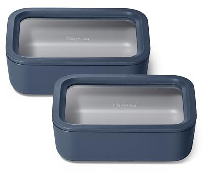 Caraway 2pc Glass Food Storage Set - 6.6 Cup Food Containers (2) - Ceramic Coated - Non Toxic, Non Stick Lunch Box with Lids. Dishwasher, Oven, & Microwave Safe - Navy