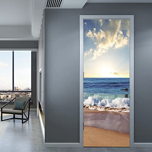MYIESAXL Sticker Porte Effet Trompe-l'œil Effect Vagues de l'océan au Coucher du Soleil Poster Mural Placard Toilette Bain Cuisine pour Décoration Entree, Autocollant Porte(95 x 215cm)