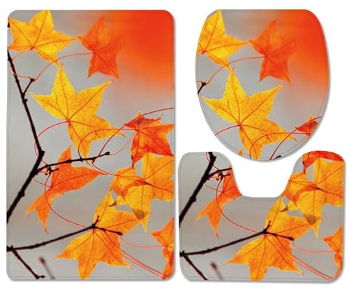 Bad Teppiche Set Orange Ahornblatt Badezimmerteppich Waschbar WC Vorleger mit Ausschnitt und WC Deckelbezug 3 Teilig Badematte rutschfest Toilettensitzbezug Badgarnitur 45x75 cm