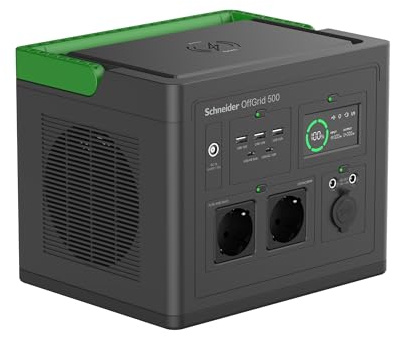Schneider OffGrid Portable Power Station 500W, 517Wh Leichtgewichtiger Solar Generator mit 2 AC Steckdosen, 60W USB-C PD Ausgang, kabelloses Laden, LED Licht für Outdoor Camping