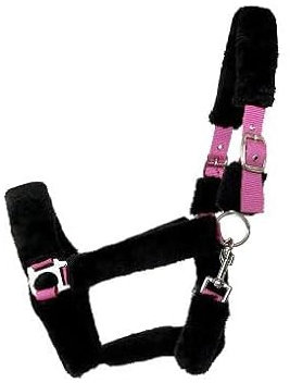 OR S-LINE Pferde weiches gepolstertes Teddyfell - Halfter mit Kunstfell - Plüschfell verstellbar Petrol-weiß für Cob (Pink-Schwarz, Warmblut/Full)