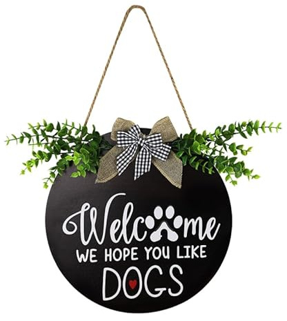 Amosfun Holzschild Mit Eukalyptus Kranz – Dekoratives Willkommensschild FüR HaustüR Café Und Tierhandlung 30X30Cm