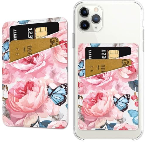 CREATCABIN Pink Phone Card Holder Leather Cell Phone Wallet Stick on Adhesive Credit Card Holder Slim Double Pocket Sticker for Back of Phone Case Compatible with Most Phone Flowers 3.7 x 2.5 Inch