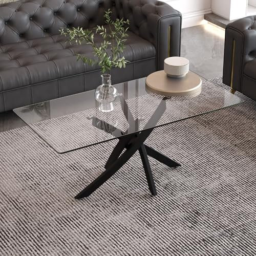 GOLDFAN Table Basse en Verre Moderne, Structure en X Chromée, Table Centrale de Salon Transparent Noire 100 x 50 x 43 cm