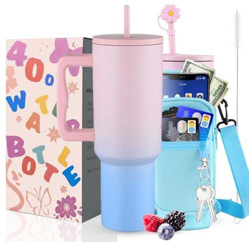 Sanilinwild 40 oz Tumbler with Handle and Straw Water Bottle Holder with Phone Pocket-BPA-Free-Easy to Carry-Travel Coffee Mug - Dishwasher Safe-Women Men for Holiday (Azure)