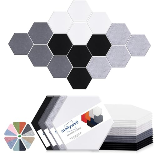 Mollywell Sechseckige Akustikplatten, hohe Dichte, Schalldämmung, dekorative Lärmreduzierung, Filz-Wandfliesen für Studio, Büro, Zuhause (Silbergrau, Mondgrau, Schwarz, Weiß), 35,6 x 30,5 x 0,1 cm