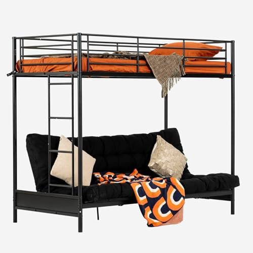 MEUBLE COSY Hochbett 140x190cm Kinderbett mit Futon Matratze Bettrahmen Etagenbett mit Lattenroste und Klappbares Schlafsofa aus Metall, Industriell, für Erwachsene und Kinder, Schwarz