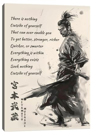 Japanische Samurai-Wandkunst, Miyamoto Musashi, Leinwanddruck, japanisches Kunstwerk, motivierendes Poster, inspirierende Zitate, Gemälde für Herren, Schlafzimmer, Wohnzimmer, Büro (61 x 91 cm (B x H)