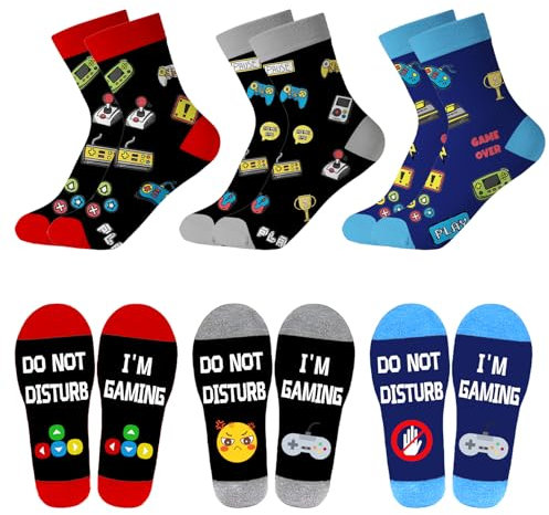 3 Pack Novelty Gamer Socks Gifts for Teenage Men, Funny Cotton Gaming Stuff Socks Birthday Gifts Size 6-11