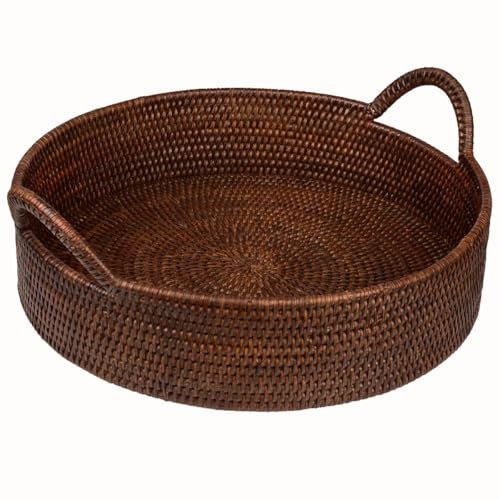 Rattan Tablett Rund Ø 40 cm - Großes, rundes Serviertablett/Dekotablett aus geflochtenem Rattan mit hohem Rand und Griffen, handgefertigt