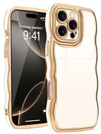 Teageo for iPhone 16 Pro Max Case Electroplated Wavy Frame for Women Girls, Cute Luxury Pure Color Soft TPU Silicone Shockproof Curly Design Bumper Phone Case for iPhone 16 Pro Max, White