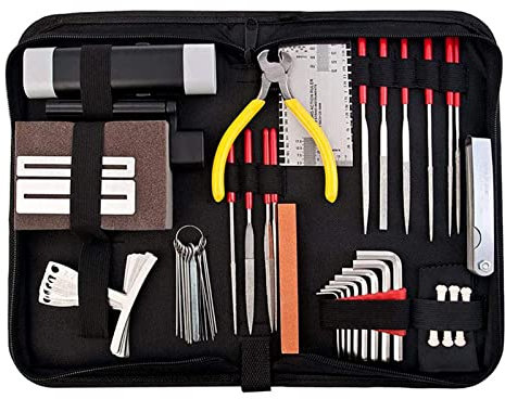 Kit di 57 strumenti per chitarra con borsa per il trasporto, strumenti di manutenzione per riparazioni, righello, liutaio, lima per chitarra, ukulele, basso, banjo, accessori per strumenti a corda
