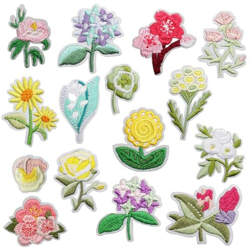 Flower Iron on Patches for Clothing 15 Pcs Applique Flowers Fabric Patches Stickers Iron-on Floral Embroidery DIY Patch Sew on for Clothes Crafts