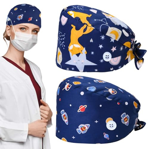 2 Stück OP Haube damen Verstellbar mit Knopf Arbeitskappe Baumwolldruck Kranken schwesternkappe Unisex Staubhauben Kappe（Starry Sky Style）