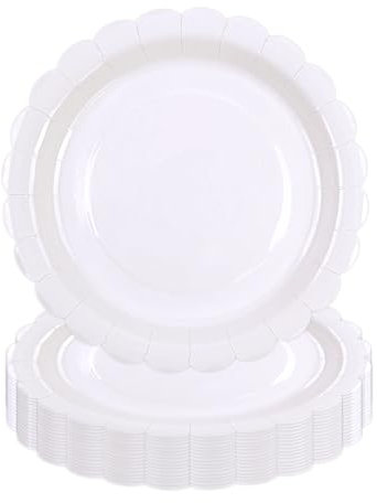 50 Pcs White Paper Plates 9 inch/23cm, Scalloped Party Plates Disposable Cake Dessert Dinner Plates for Birthday Baby Shower Wedding Party Decorations Supplies (White, 23cm)