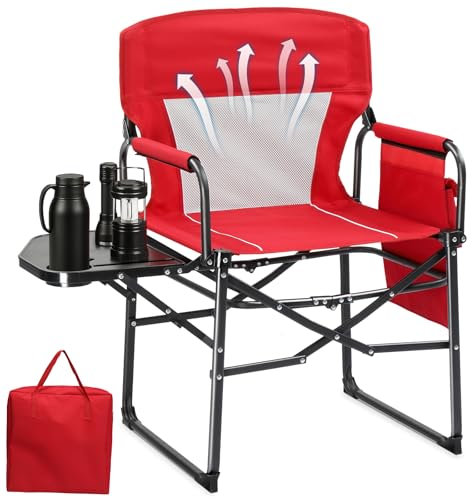 Bonnlo Camping Chairs for Adults Heavy Duty, Folding Directors Chair With Side Table, Cup Holder, Storage Pocket, Supports Up to 120KG, Portable for Outdoor Garden Fishing Festival BBQ (Red, 1pc)