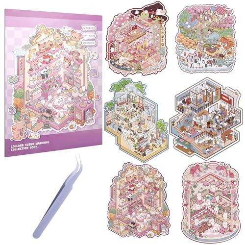Camptrip 6 Sets 3D House Stickers,3D Miniatur Haus Sticker mit Pinzette,Fun DIY Scene für Erwachsene und Kinder (Süße Haustiere)