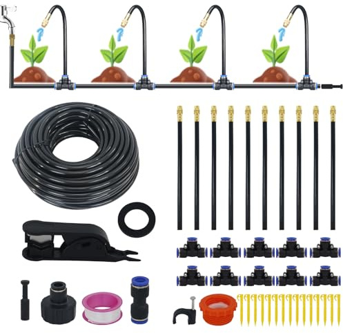 Automatisches Tropfbewässerungsset Komplettsystem mit 15 verstellbaren Sprühdüsen für Garten Gewächshaus und Hochbeete inklusive 15 Meter Schlauch Mikrotropfern und stabilen Erdspießen