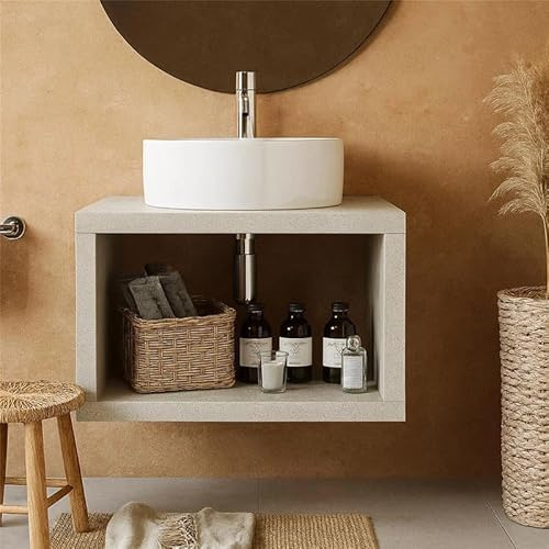 exagonshop Mobile Bagno Grigio Caldo 60x50 Thema con vano a Giorno e Lavabo Tondo da appoggio Bianco in Ceramica