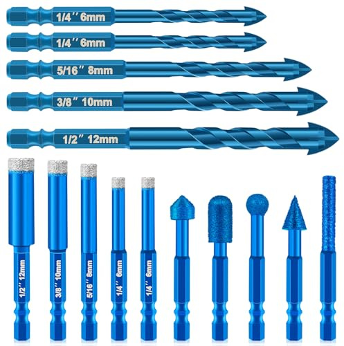 15 Pièces Foret Diamant Carrelage, 5 Foret Carrelage (6/6/8/10/12 mm), 5 Foret Diamant (6/6/8/10/12 mm) et 5 Fraise Dremel, Forets avec Changement Rapide Tige Hexagonale pour Granit, Verre, Carrelage
