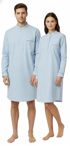 Von Scharfenberg Camicia da notte unisex con colletto alto e abbottonatura | Camicia da notte a maniche lunghe per uomo e donna | azzurro, corta, in cotone