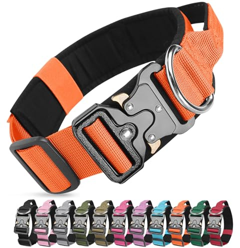 Ledeak Taktisches Hundehalsband mit Griff, Weich Gepolstert Verstellbares Hunde Halsband, Nylon Breit Trainings Halsband, Robuster Dog Collar mit Metallschnalle für Mittlere Große Hunde (Orange, XL)