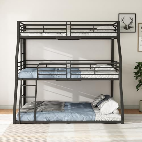 NNJN Etagenbett, 90 * 200 cm, 120 x 200cm und 140 x 200cm, Metallbettgestell, Eisenbett, Dreifach-Etagenbett, für Kinder, Jugendliche und Erwachsene, Ohne Matratze,Schwarz