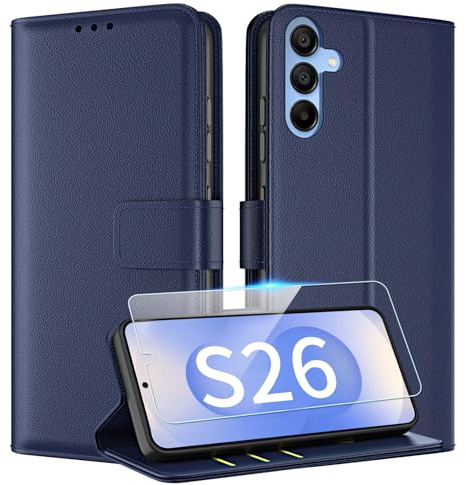 TQIAHF Handyhülle für Samsung Galaxy S26 Hülle Klapphülle mit Schutzfolie Glasschutz Leder Klappbar Flip Cover Case Schutzhülle Kartenfach Komplettschutz Handytasche,Dunkelblau