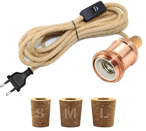 Kit Lampe Bouteille, 240CM Corde de Chanvre Câble, Céramique Douille E27, Support Ampoule pour Bouteille, 3 Bouchons Souples, Adaptateur de Bouteille, Convient pour Différent Abat Jour, Or Rose
