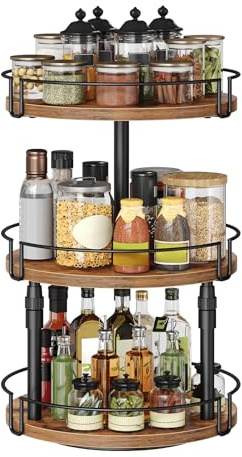 HOOBRO Porta Spezie Girevole a 3 Livelli, Organizer da Cucina Regolabile in Altezza, Scaffale Portaspezie Rotante per Piano di Lavoro, Adatto per Soggiorno e Bagno, Marrone Vintage e Nero EBF59TL01