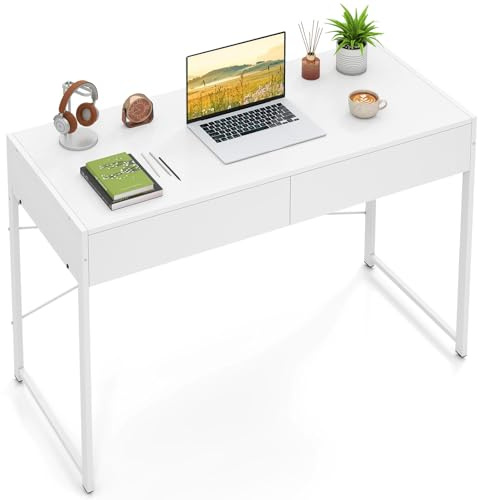 COSTWAY Schreibtisch, Computertisch mit 2 Schubladen, Kleiner Bürotisch, Metall, Industrie-Design, PC Tisch für Arbeitszimmer, Homeoffice, Büro, 112 x 48 x 76 cm (Weiß)