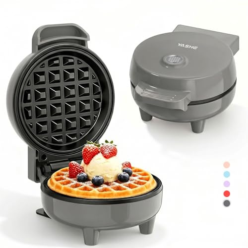 YASHE Mini Waffeleisen 550W, Antihaft-Waffelmaschine, Grau | Kompakt für Frühstück, Desserts und Snacks; Kontrollleuchte, Cool-Touch-Griff und antihaftbeschichtete Platten