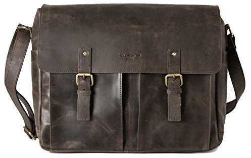 HOLZRICHTER Berlin - Lehrertasche aus Leder (No 4-1), 31x38,5x11cm Laptoptasche für Herren, Hochwertige 15 Umhängetasche für die Arbeit & Uni, Schultertasche in Dunkelbraun