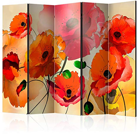 decomonkey Paravent Raumteiler Innen Mohnblumen 225x172 cm 5 Teilig Einseitig Room Divider Wall Raumteiler Stehend Trennwand Sichtschutz Spanische Wand Sichtschutzwand Wohnzimmer Holz