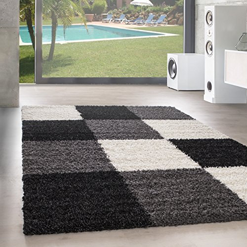 SIMPEX Teppich Wohnzimmer Shaggy Moderne Kariert Design Schwarz 160 x 230 cm - Hochflor Teppich Schlafzimmer Extra Weich und Pflegeleicht - Flauschiger Teppich Langflor für Küche Carpet Living Room
