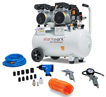 Starkwerk SW 457/8 Flüster Kompressor Silent Kompressor 1,5kW !69 dB! 8Bar ölfrei Druckluft Kompressor leise Compressor Schlagschrauber Reifenfüller Gewebedruckluftschlauch