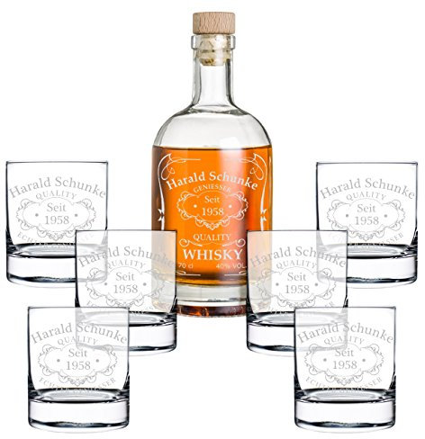Coffret Cadeau 7 pièces Personnalisé avec Gravure - Bouteille de Whisky et 6 Verres à Whisky - Carafe en Verre Contenu: 700ml - idée Cadeau pour Les Hommes - Motive Whisky de qualité