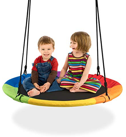 GOPLUS Nestschaukel Outdoor, Ø100cm Kinder Schaukel mit Verstellbarer Höhe von 100 bis 180 cm, Baumschaukel Rundschaukel mit Kissen bis 150 kg Belastbar, für Kinder ab 3, Outdoor & Indoor (Bunt)