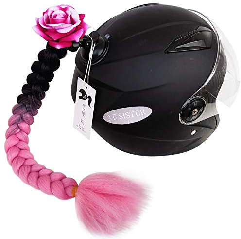 3T-SISTER Queue De Cheval Tressée De Casque De Moto Ponytail Decoration Casque De Moto Perruque De Casque 24 Pouces 1 pièces (Rose Pink)